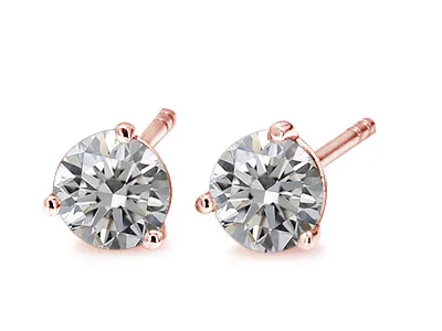 Rose Gold Round Cut Three Prong Diamond Stud Earrings