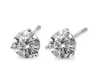 Platinum Round Cut Three Prong Diamond Stud Earrings