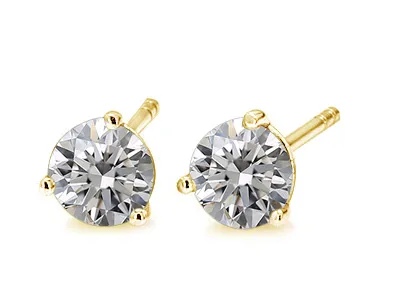 Yellow Gold Round Cut Three Prong Diamond Stud Earrings