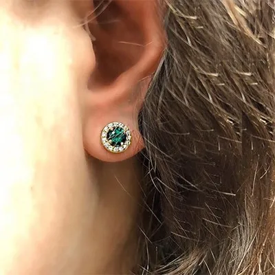 Yellow Gold Emerald Gemstone Diamond Halo Earrings jewelry store near me