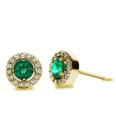 Yellow Gold Emerald Gemstone Diamond Halo Earrings