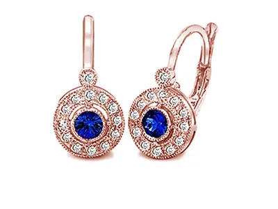Rose Gold Blue Sapphire Art Deco Diamond Earrings