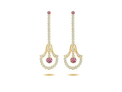 Yellow Gold Pink Sapphire Art Deco Vintage Diamond Earrings