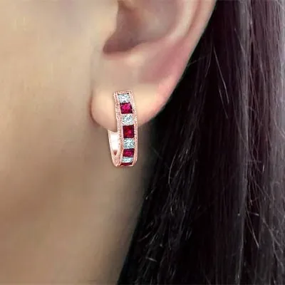 Rose Gold Ruby and Diamond Vintage Hoop Earrings jewelry store near me
