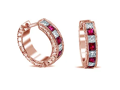 Rose Gold Ruby and Diamond Vintage Hoop Earrings