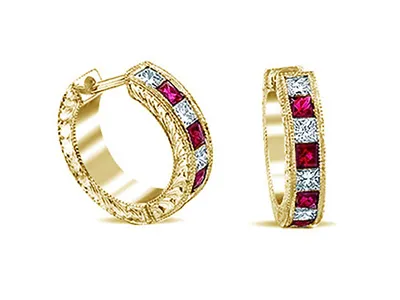 Yellow Gold Ruby and Diamond Vintage Hoop Earrings