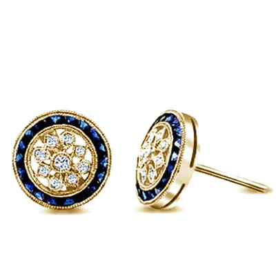 Yellow Gold Sapphire Diamond Stud Earrings for Women