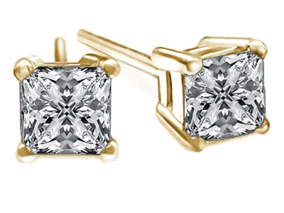 Yellow Gold Princess Cut Diamond Stud Earrings