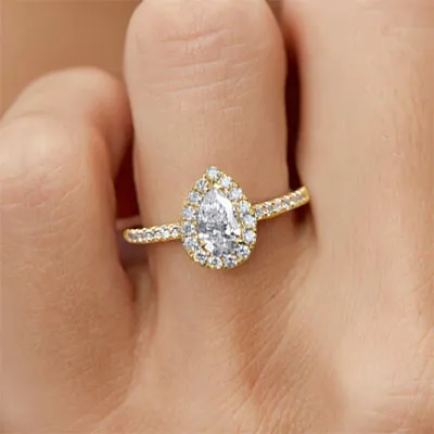Yellow Gold Halo Pear Shaped Engagement Ring jewelry online