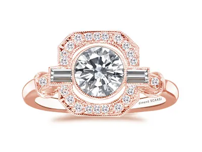 Rose Gold Art Deco Cut Corner Halo Engagement Ring