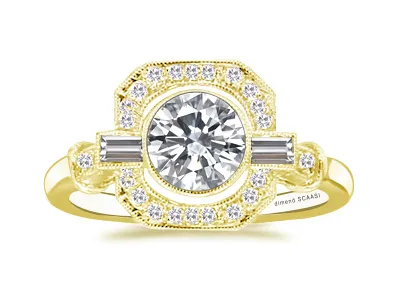 Yellow Gold Art Deco Cut Corner Halo Engagement Ring