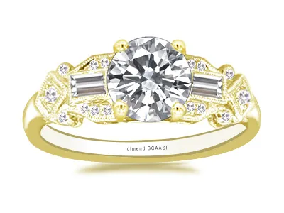 Yellow Gold Sparkling Side Stone Art Deco Engagement Ring