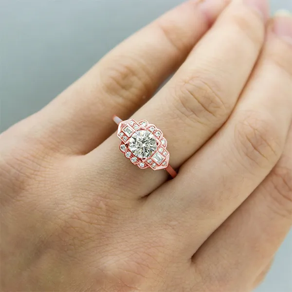 Rose Gold Art Deco Unique Diamond Halo with Side Stones Diamond Ring jewelry store near me