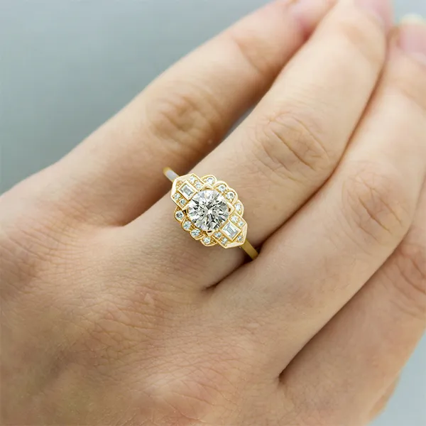 Yellow Gold Art Deco Unique Diamond Halo with Side Stones Diamond Ring jewelry store near me