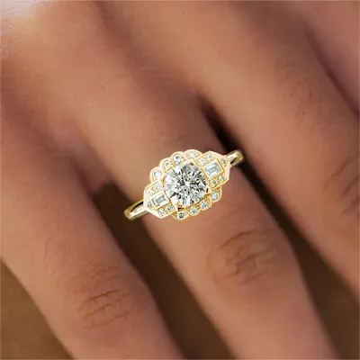 Yellow Gold Art Deco Unique Diamond Halo with Side Stones Diamond Ring jewelry Wabash avenue