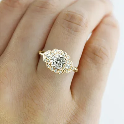 Yellow Gold Art Deco Unique Diamond Halo with Side Stones Diamond Ring jewelry windy city