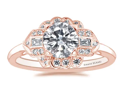 Rose Gold Art Deco Unique Diamond Halo with Side Stones Diamond Ring