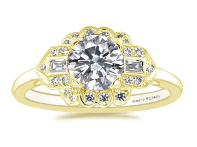 Yellow Gold Art Deco Unique Diamond Halo with Side Stones Diamond Ring