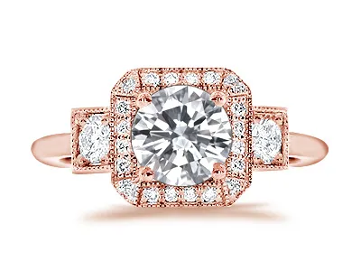 Rose Gold Art Deco Style Halo 3-Stone Engagement Ring