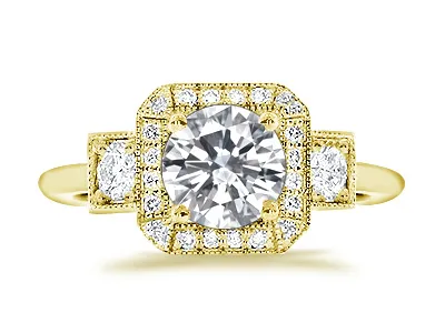 Yellow Gold Art Deco Style Halo 3-Stone Engagement Ring