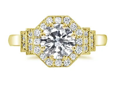 Yellow Gold Art Deco Octagonal Halo Antique Diamond Ring