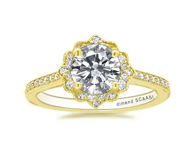 Yellow Gold Antique Style Halo Diamond Engagement Ring