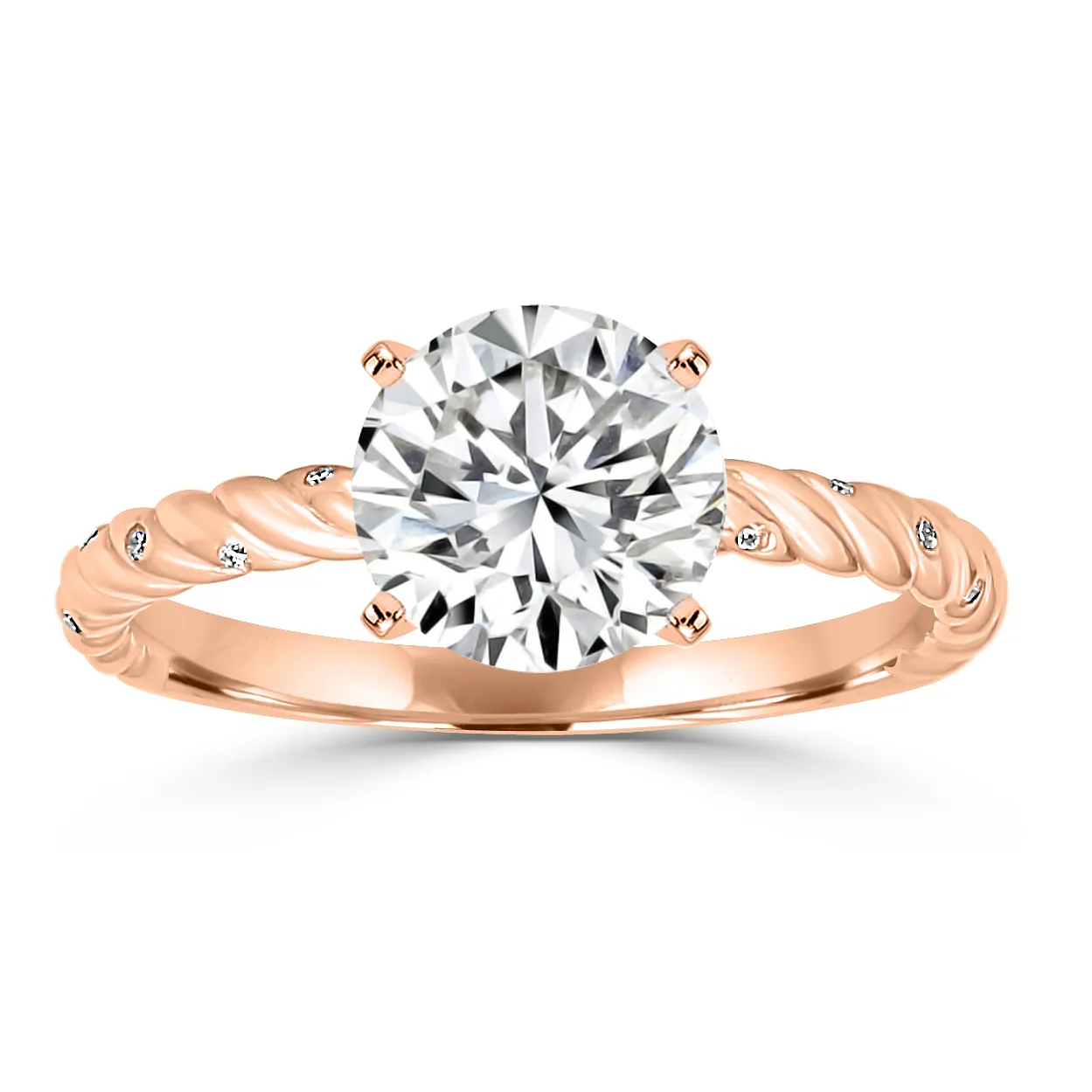 Rose Gold Twisted Rope Band Side Stone Diamond Engagement Ring