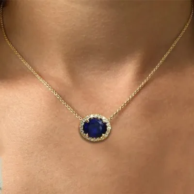 Yellow Gold Aquamarine Gemstone and Diamond Necklace jewelry store near me