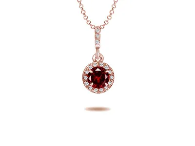 Rose Gold Ruby Gemstone and Diamond Halo Pendant Necklace