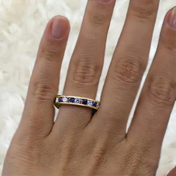 Yellow Gold Blue Sapphire Diamond Eternity Ring jewelry store near me