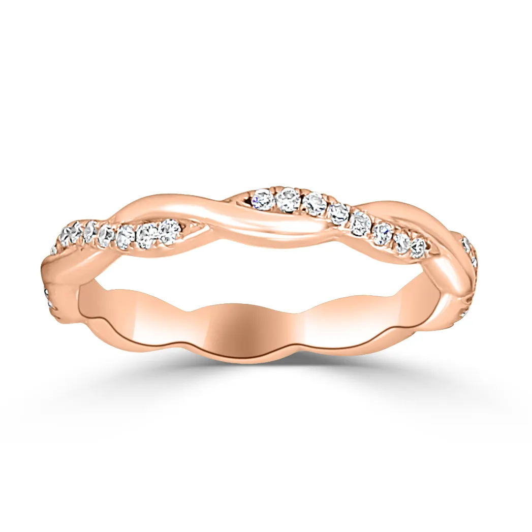 Rose Gold High Polish Twisted Pave Eternity Wedding Band In Napa