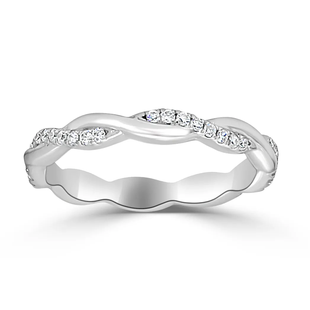 White Gold High Polish Twisted Pave Eternity Wedding Band In Napa