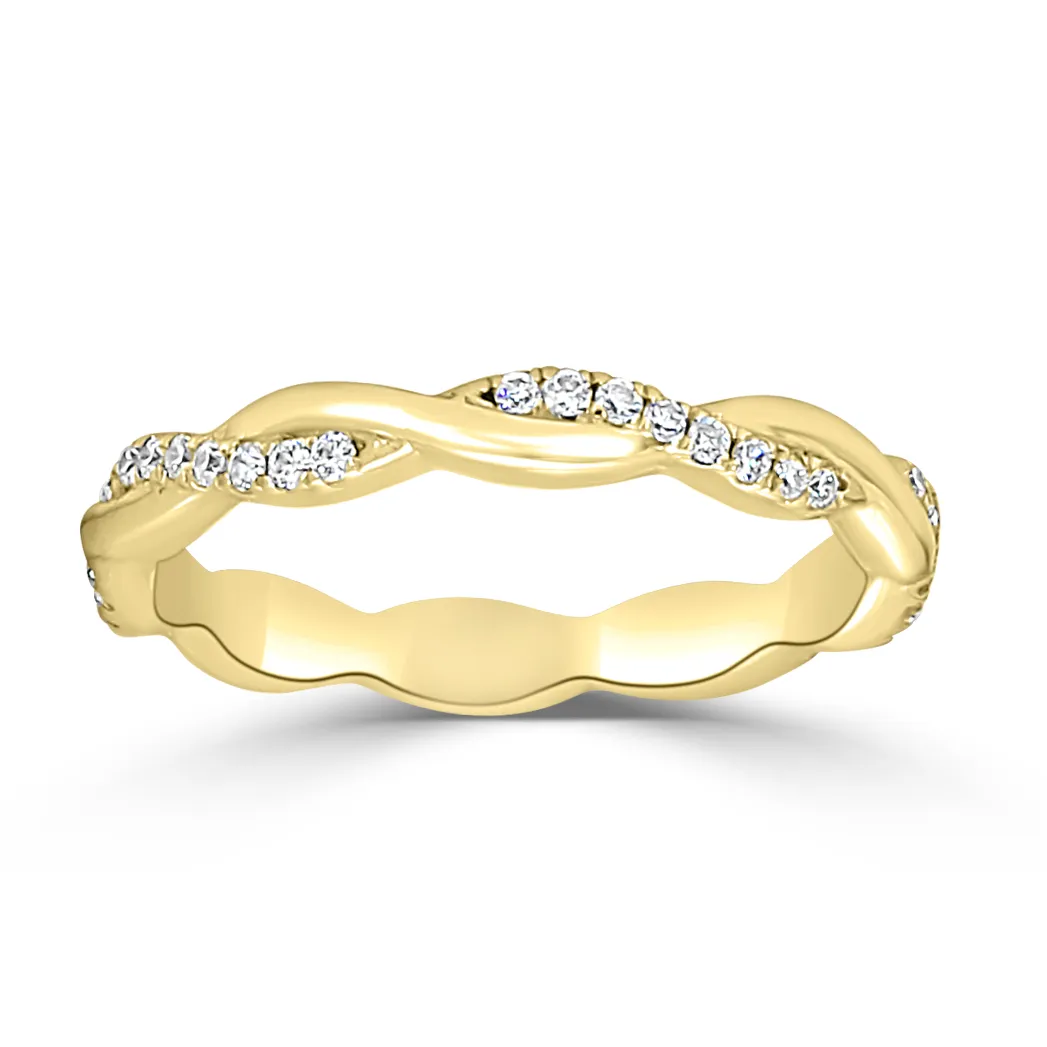 Yellow Gold High Polish Twisted Pave Eternity Wedding Band In Napa