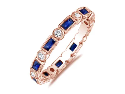 Rose Gold Sapphire Blue Eternity Band and Wedding Ring In Phoenix jewelry store near me