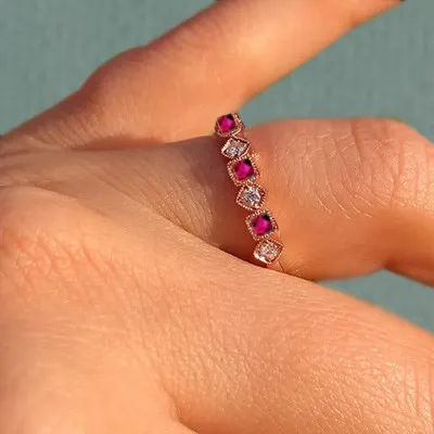 Rose Gold Eye-Catching Eternity Band in Ruby and Round Cut Diamonds jewelry store near me