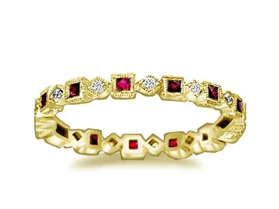 Yellow Gold Eye-Catching Eternity Band in Ruby and Round Cut Diamonds