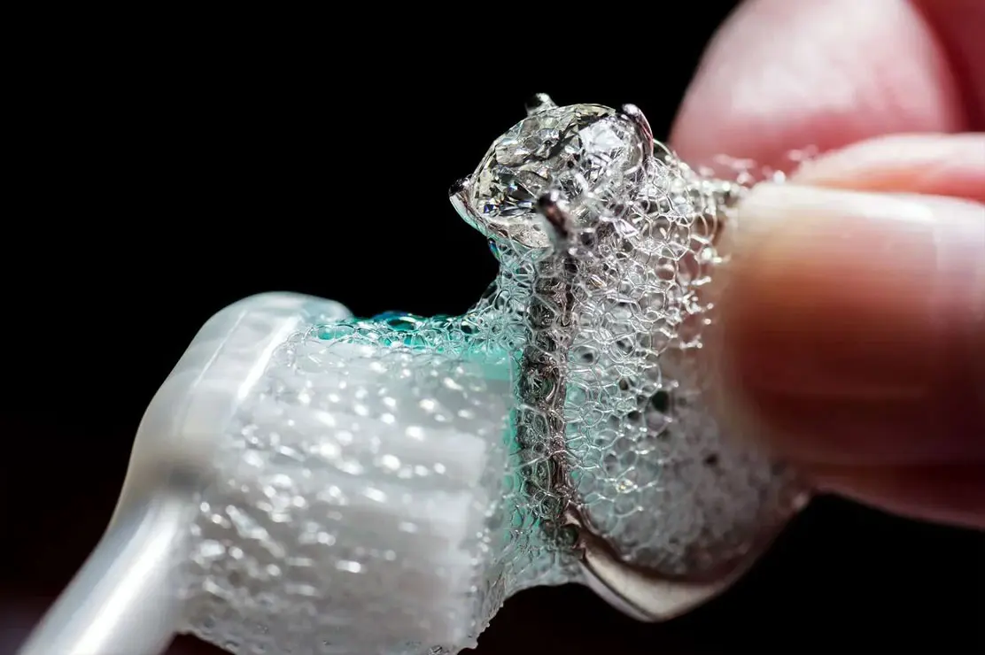 Cleaning Diamond Ring with Soap and Soft Brush